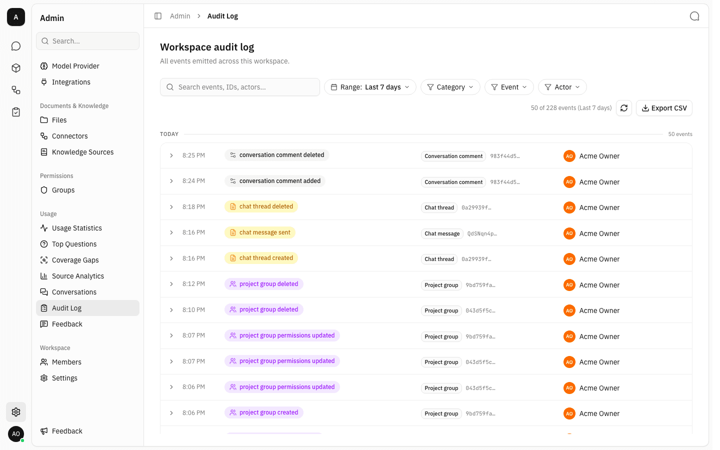 Workspace audit log showing events from today grouped in one list