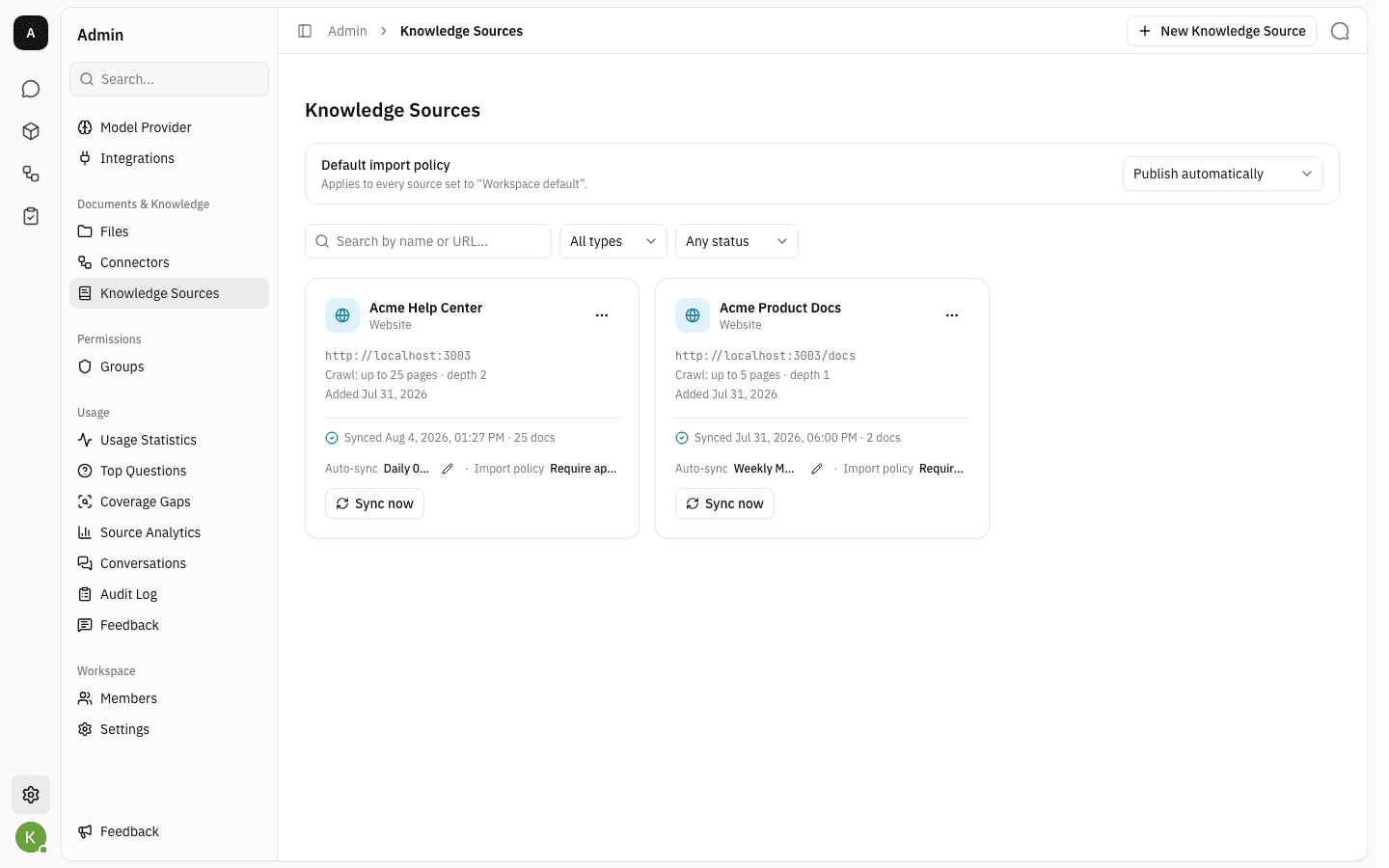 The Knowledge Sources admin page with two website sources