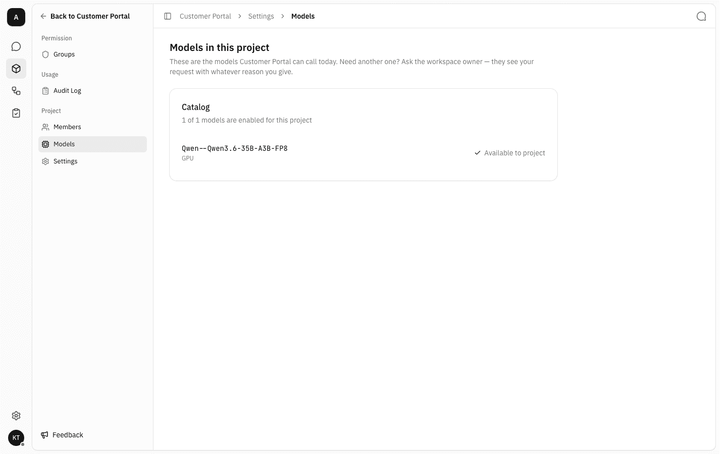 A project's Models page with one catalog model marked "Available to project"