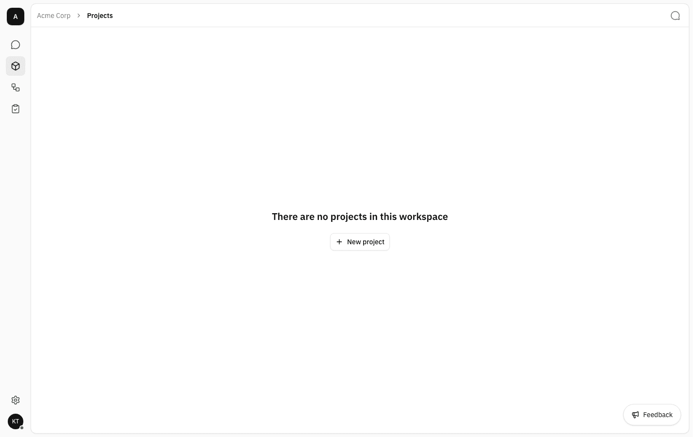Empty Projects page in the Acme Corp workspace with the message "There are no projects in this workspace" and a New project button