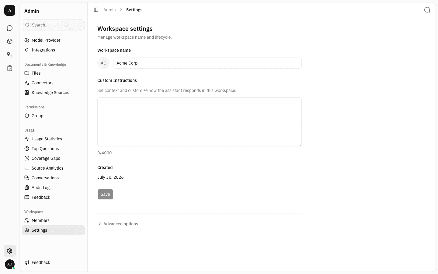 Workspace settings page showing the name field, custom instructions and created date