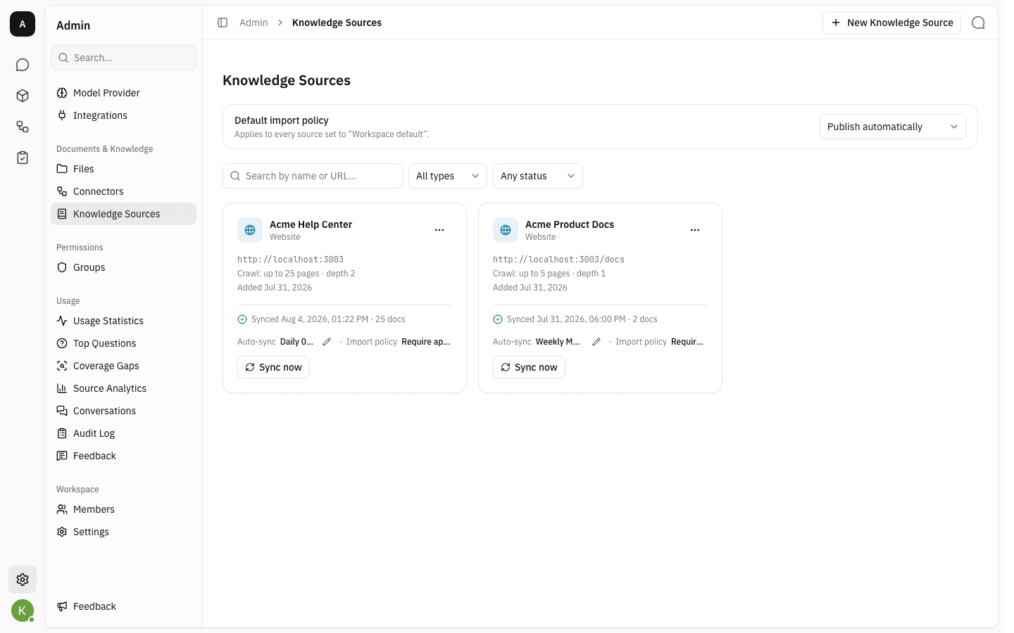 Two knowledge source cards showing last sync time, auto-sync schedule and a Sync now button