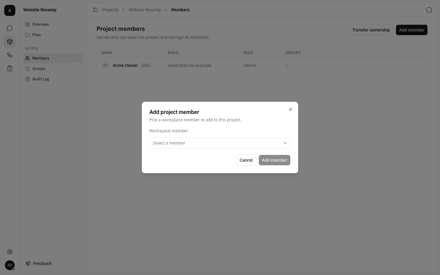 Add project member dialog with a Workspace member dropdown reading "Select a member" and a disabled Add member button