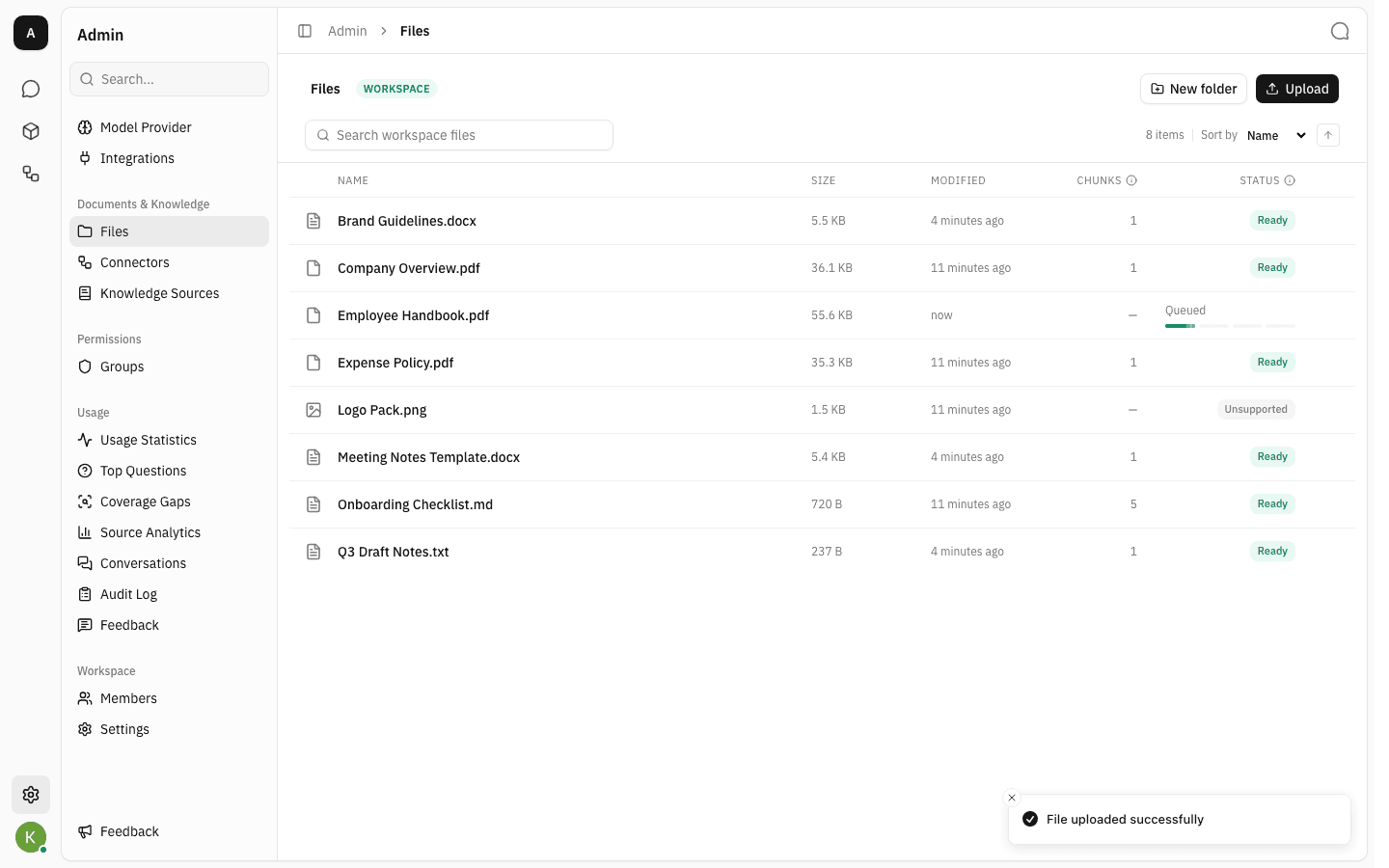 File list with a newly uploaded PDF showing a Queued progress bar in the Status column