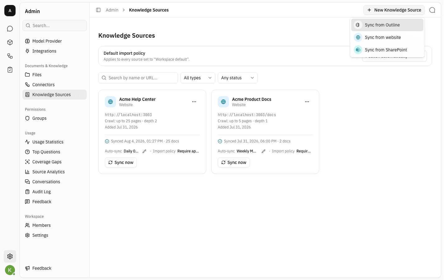 The New Knowledge Source menu offering Outline, website and SharePoint