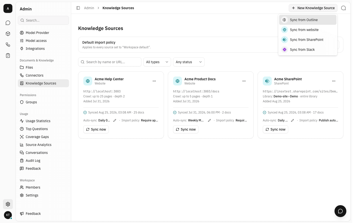 The New Knowledge Source menu offering Outline, website, SharePoint and Slack