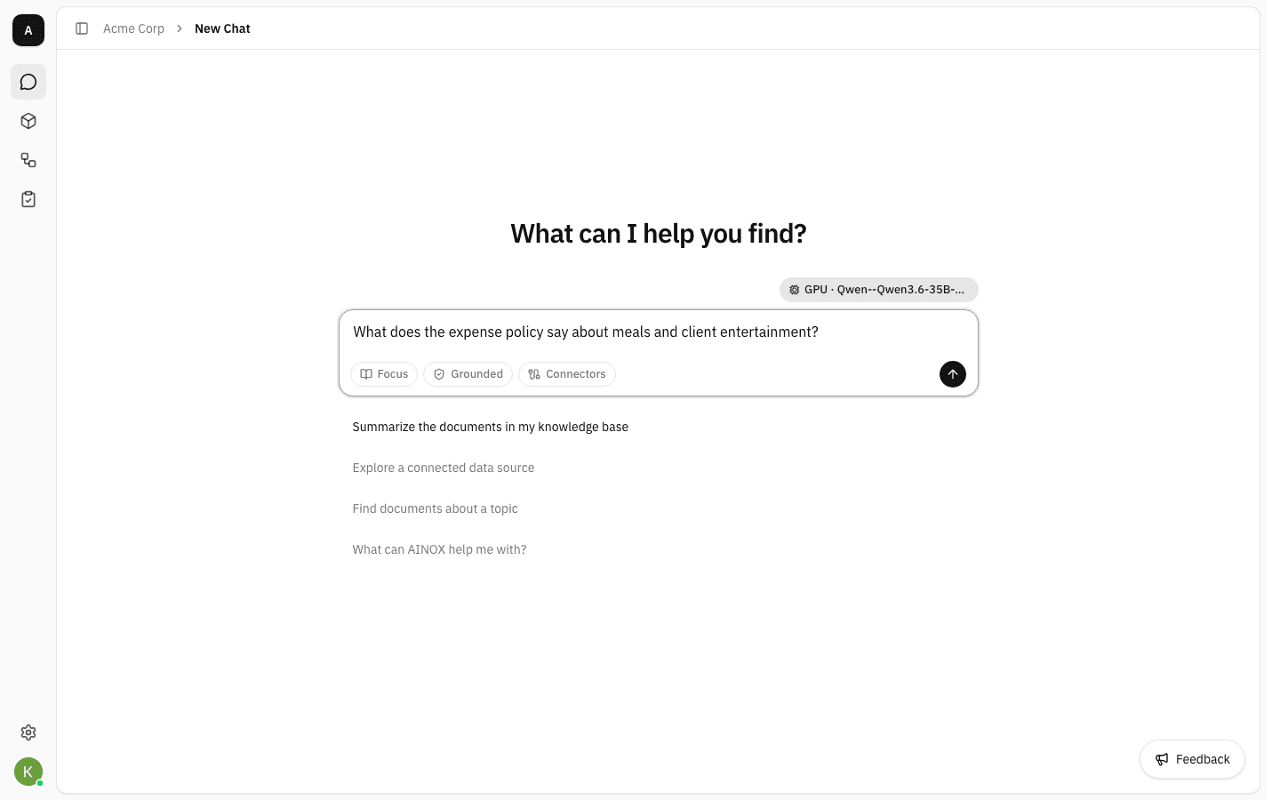 Message box containing the question "What does the expense policy say about meals and client entertainment?"