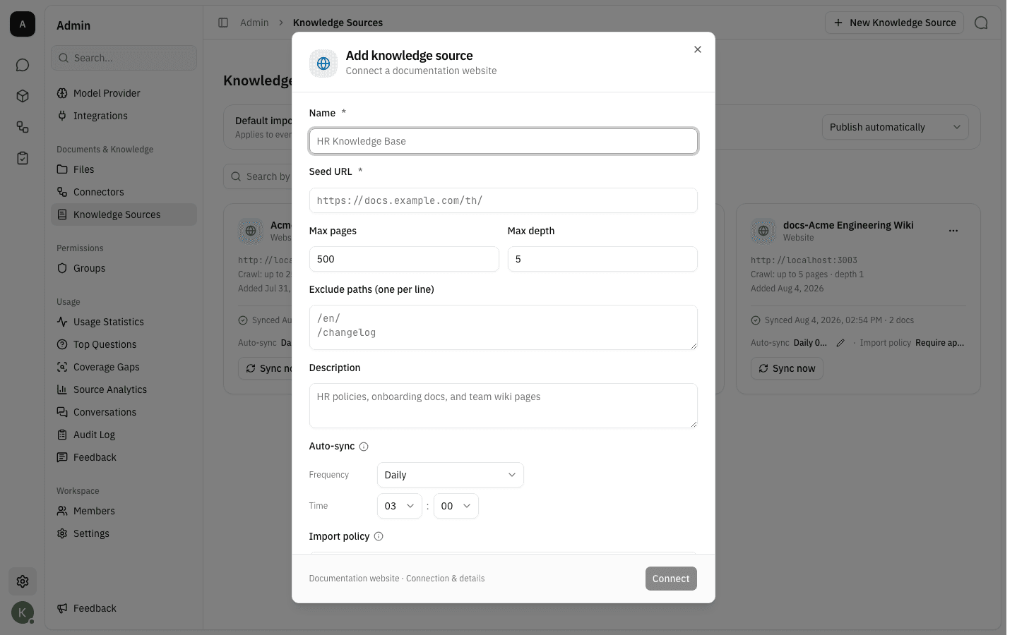 The empty Add knowledge source form for a documentation website
