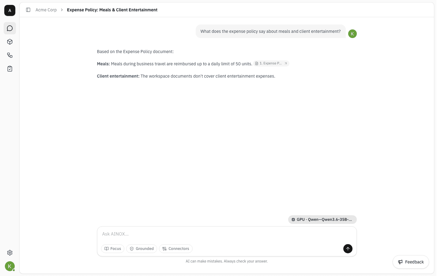 Answer about meals citing the Expense Policy, and stating that client entertainment is not covered