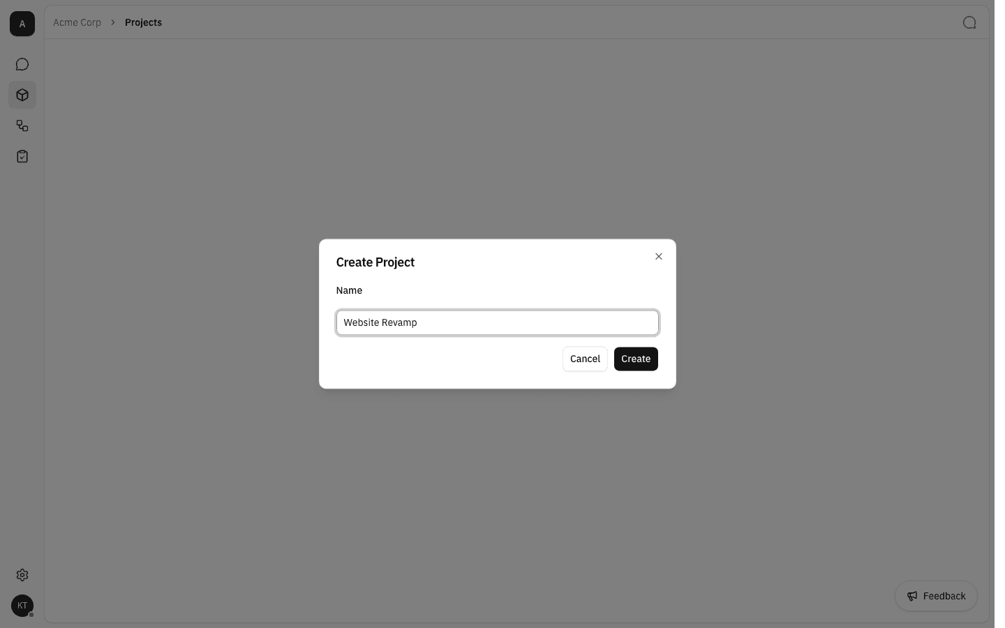 Create Project dialog with "Website Revamp" typed into the Name field and the Create button now enabled