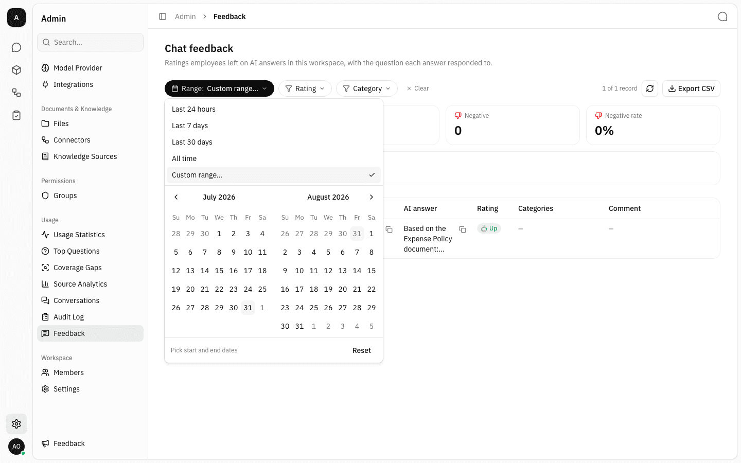 Custom range selected, showing a two-month calendar with the hint "Pick start and end dates" and a Reset button