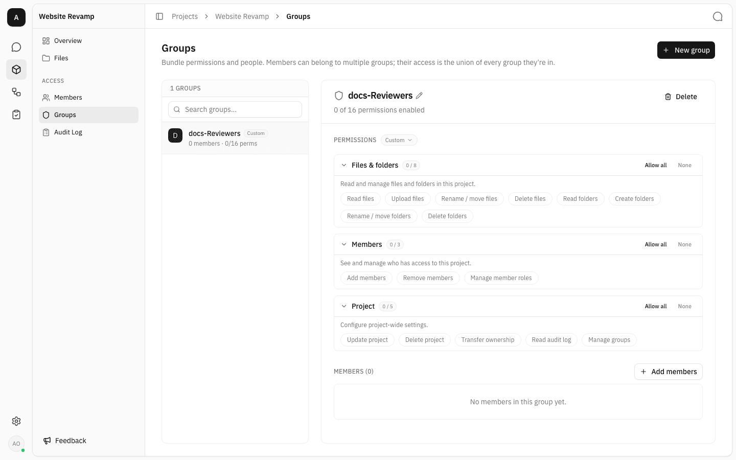 Newly created group with 0 of 16 permissions enabled and an empty members list