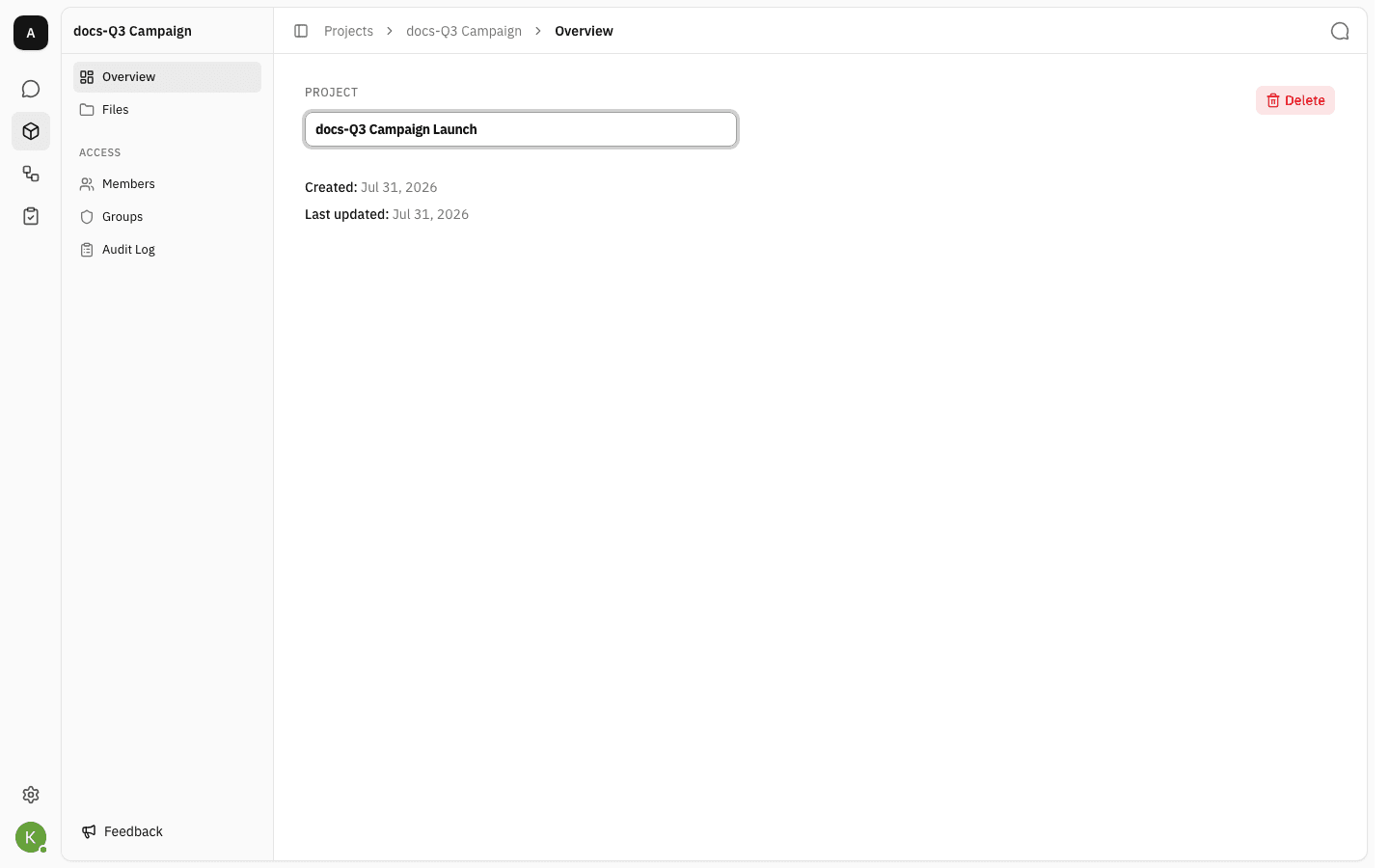 The rename text box containing a new project name, not yet saved