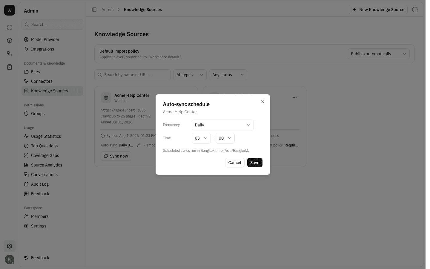 The Auto-sync schedule dialog showing a daily schedule at 03:00