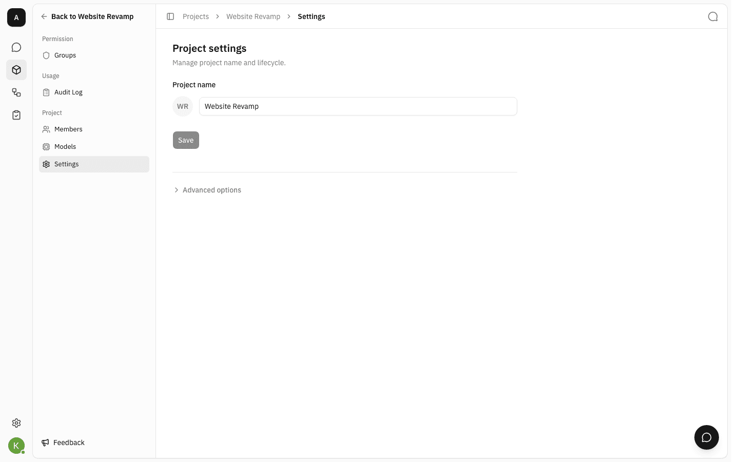 The Project settings page showing a Project name field containing Website Revamp with a circular WR initials badge, a disabled Save button, and a collapsed Advanced options row