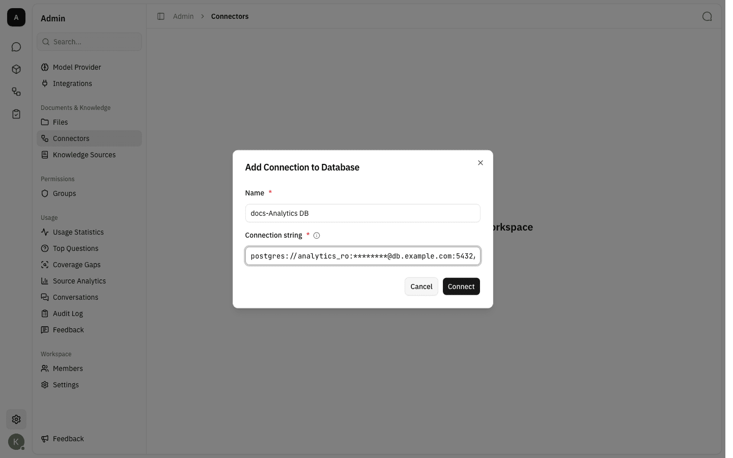 Add Connection to Database dialog filled in with a name and a connection string