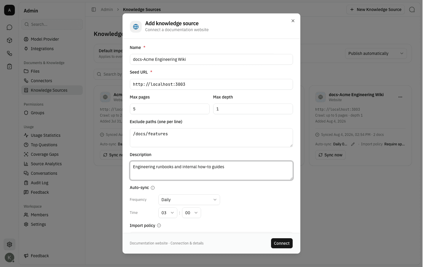 The website form filled in with a name, seed URL, crawl limits and an excluded path