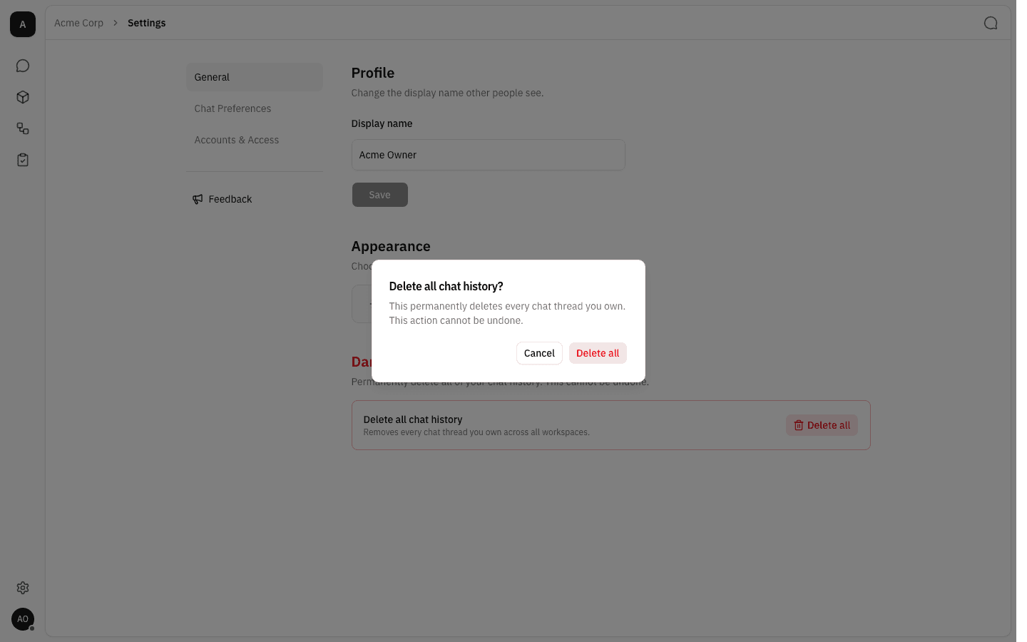 Delete all chat history confirmation dialog