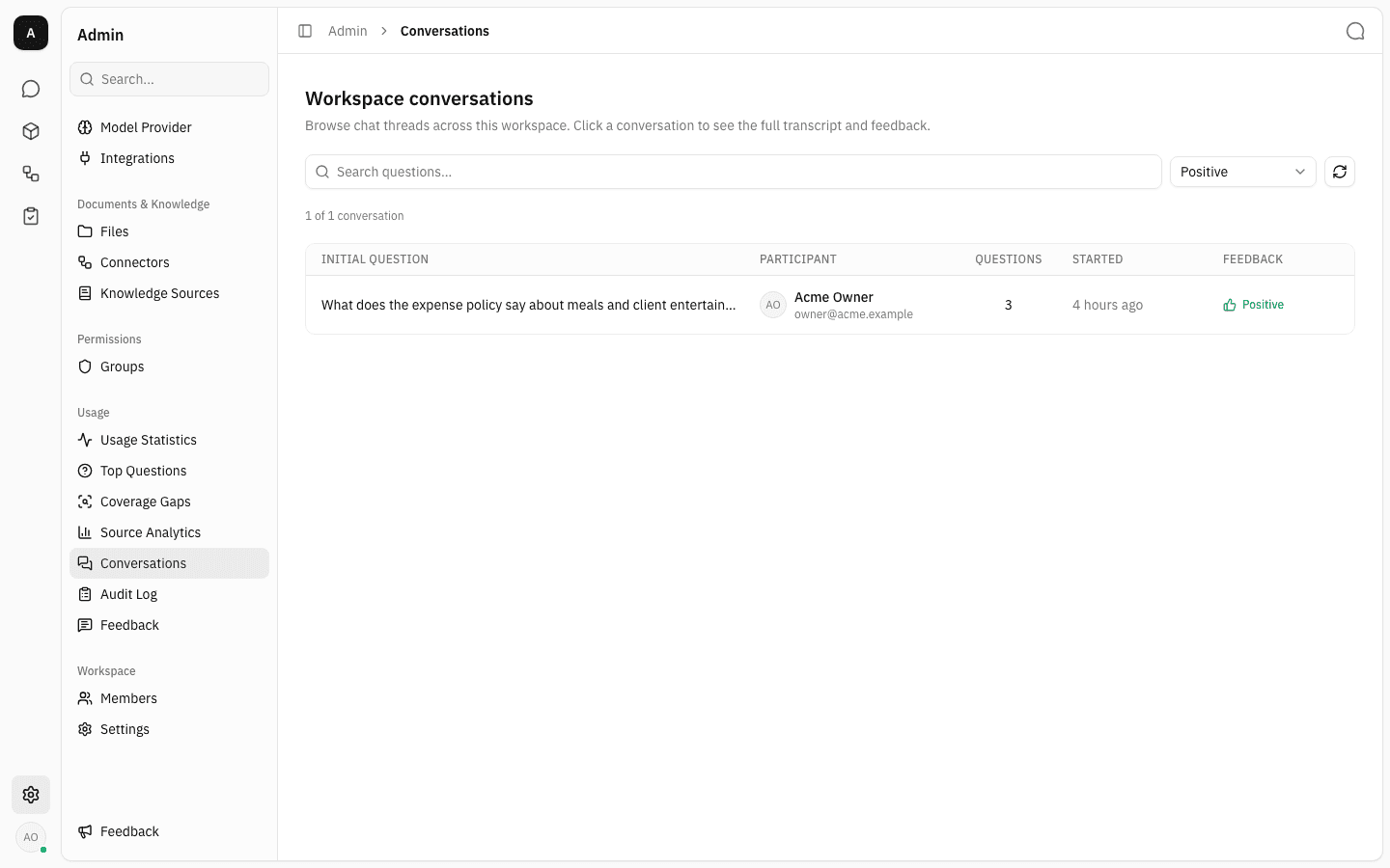 List filtered to Positive feedback, showing one conversation