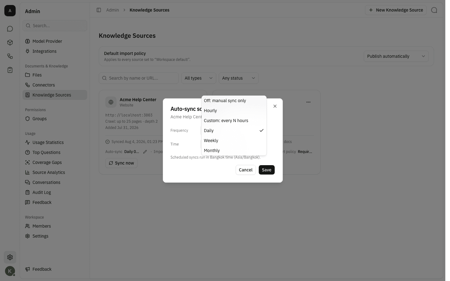 The Frequency dropdown listing Off, Hourly, Custom, Daily, Weekly and Monthly