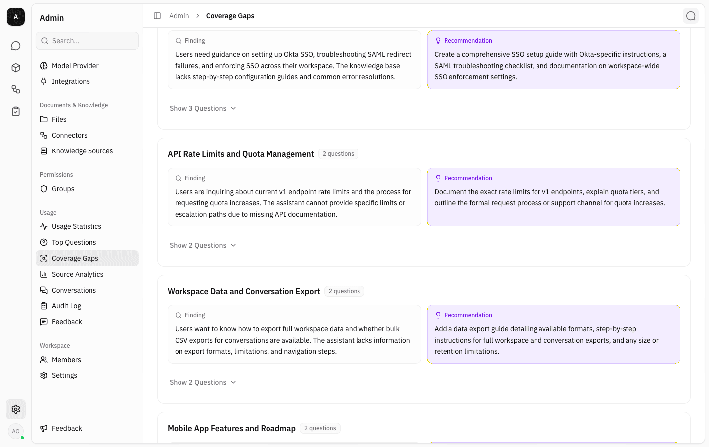 Three further gap cards — API Rate Limits and Quota Management, Workspace Data and Conversation Export, and Mobile App Features and Roadmap — each with a questions badge, a Finding and a Recommendation
