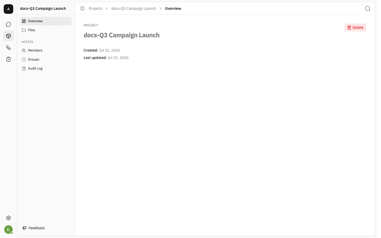 Overview page showing the new project name, matching in the heading, the breadcrumb and the sidebar