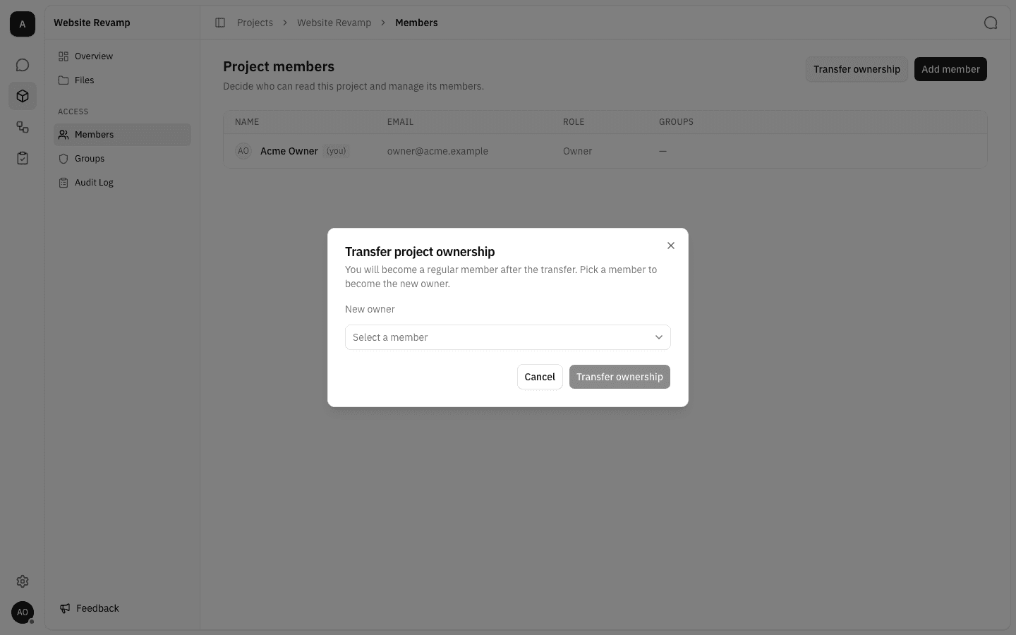 Transfer project ownership dialog with a New owner dropdown and a disabled Transfer ownership button