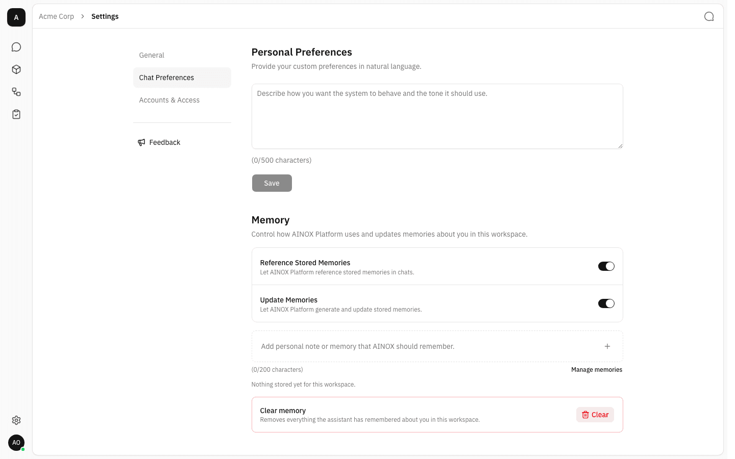Chat Preferences section with an empty Personal Preferences box and Memory panel