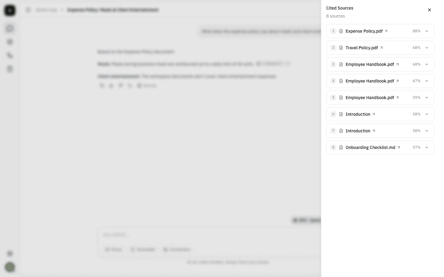 Cited Sources panel listing eight sources with match percentages