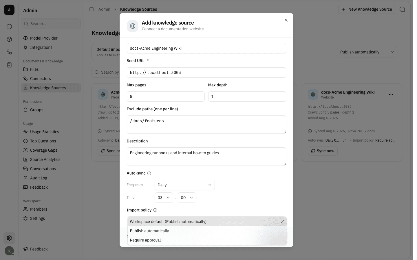 The import policy options: workspace default, publish automatically, require approval