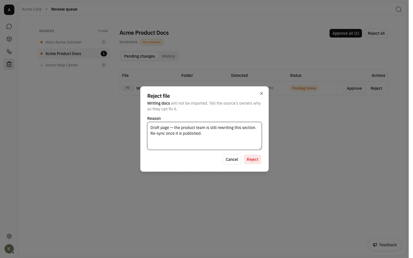 Reject file dialog with a reason typed in