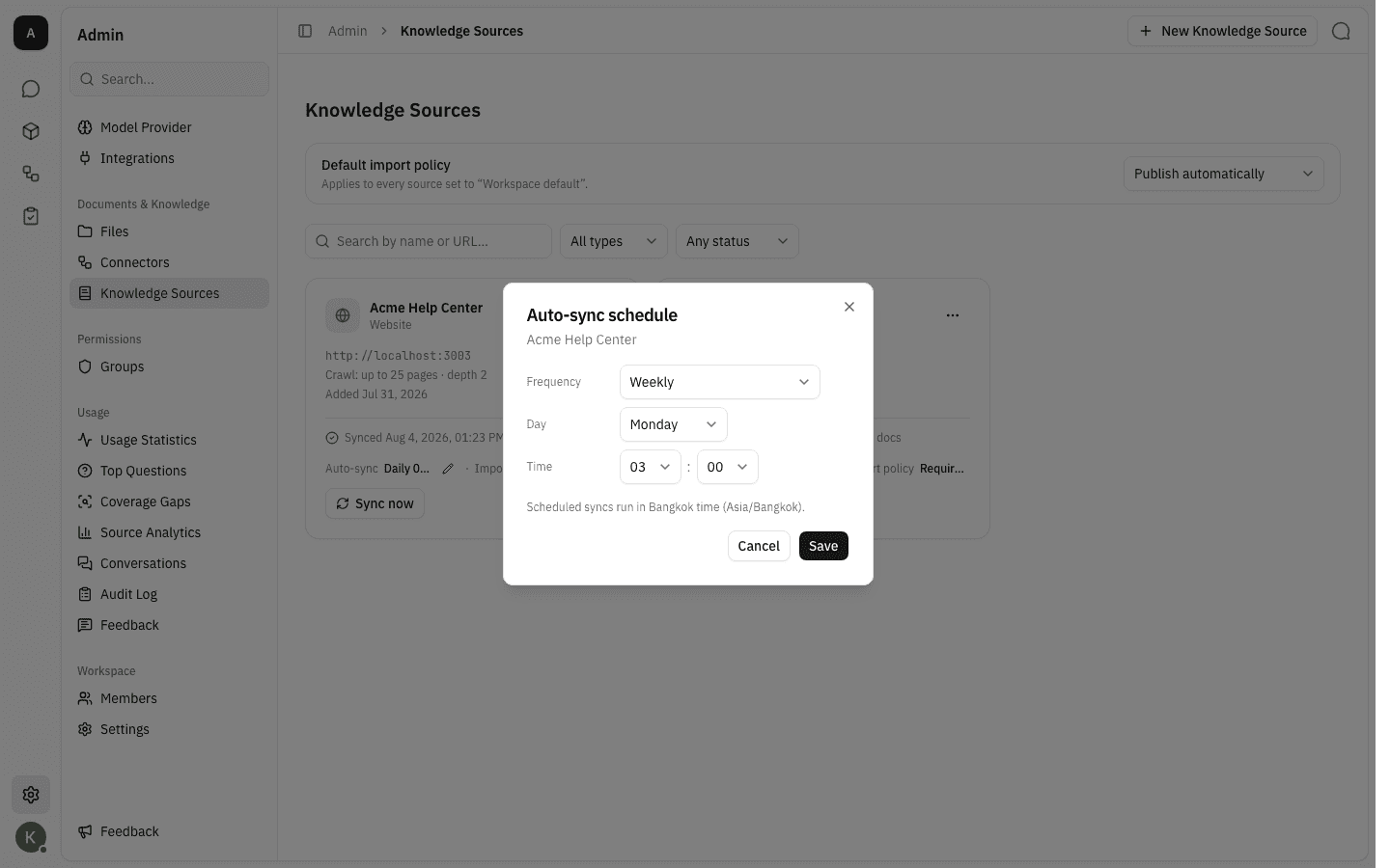 The dialog set to Weekly with a day and a time picker