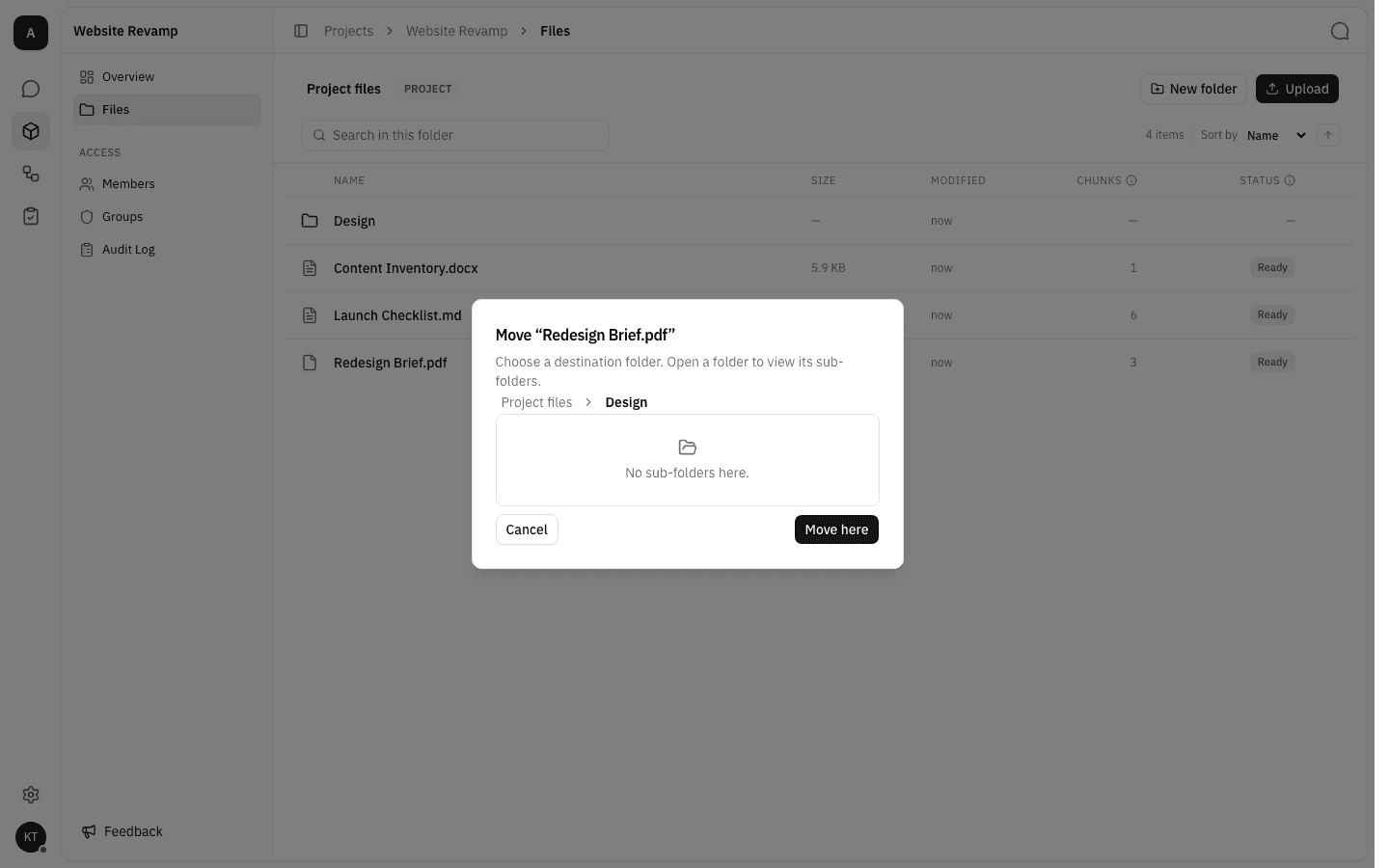 Move dialog for Redesign Brief.pdf with the Design folder open, reading No sub-folders here, and an enabled Move here button