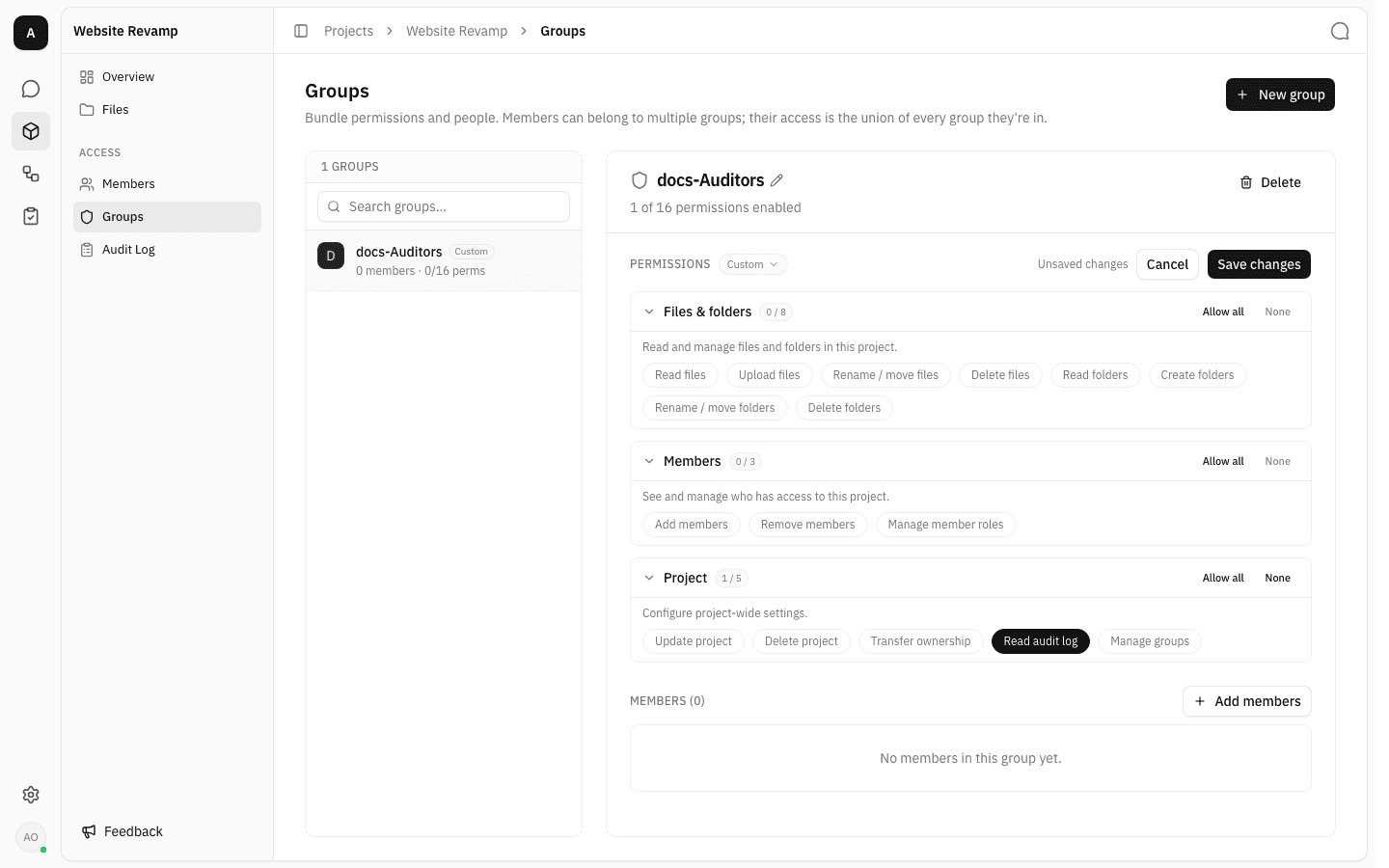 Project group permissions with Read audit log enabled under the Project section