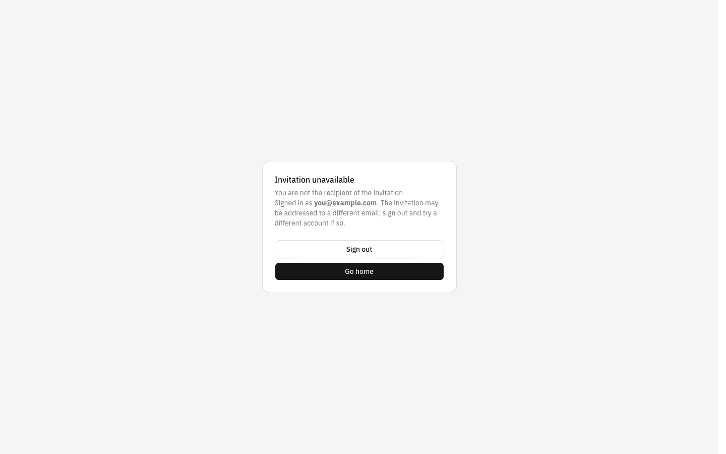 The "Invitation unavailable" card reading "You are not the recipient of the invitation"
