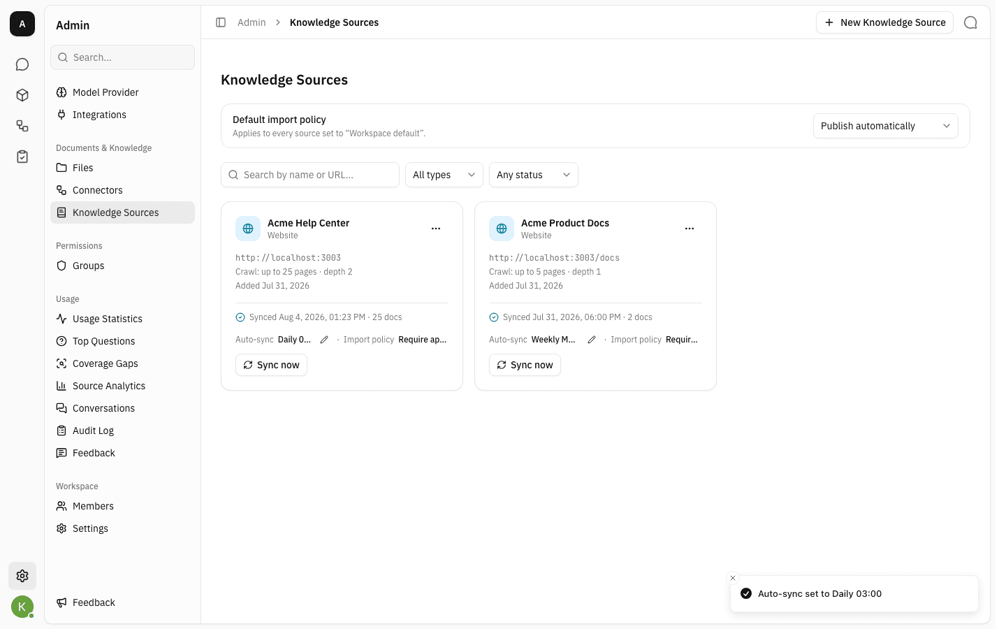 The list page confirming Auto-sync set to Daily 03:00