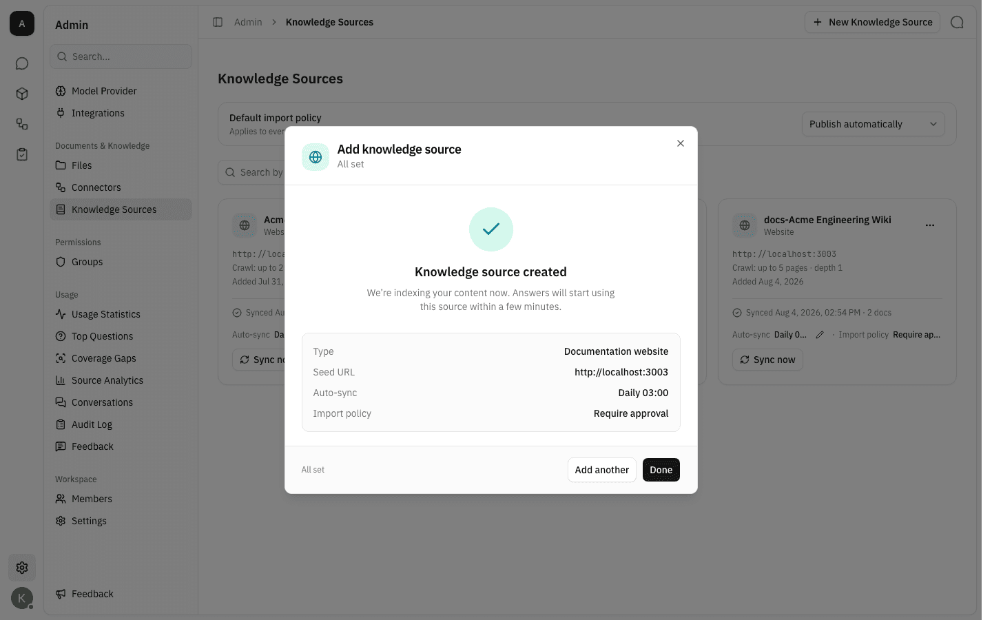 The success step summarising the created source