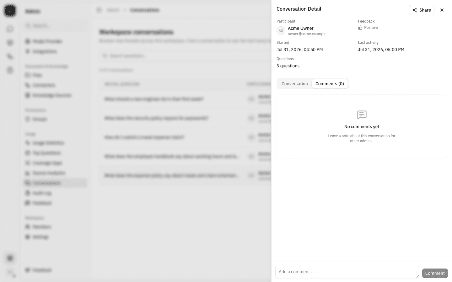 Comments tab of the detail panel showing the No comments yet empty state and a comment box