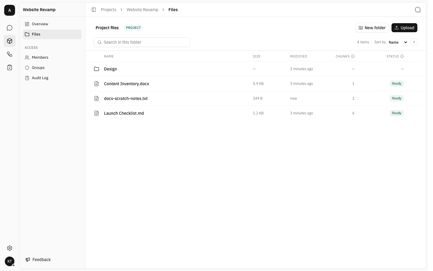 Project files root showing the Design folder above three documents, with sizes, modified times, chunk counts and Ready badges
