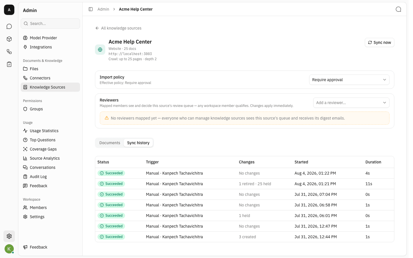 The source page on the Sync history tab, listing seven runs