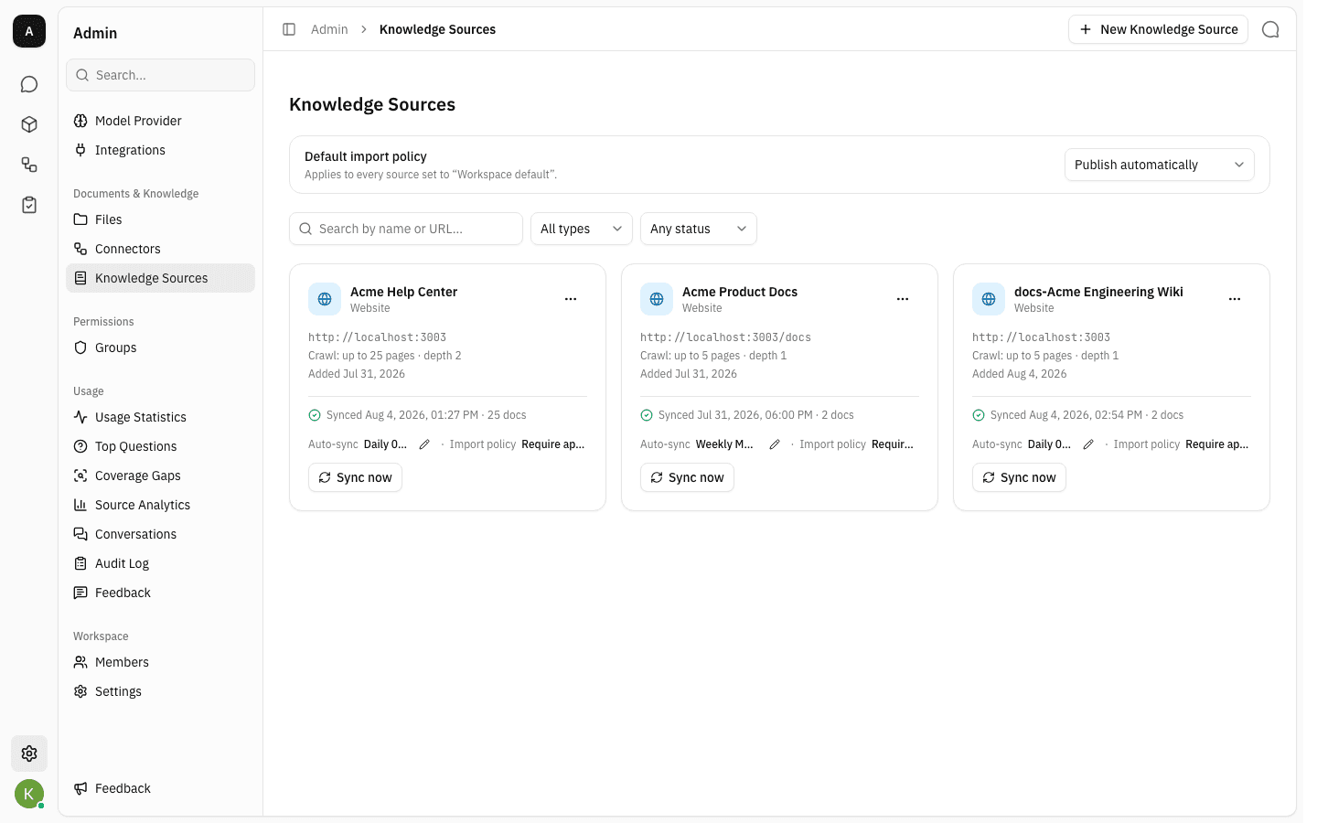 The Knowledge Sources list with the newly created source