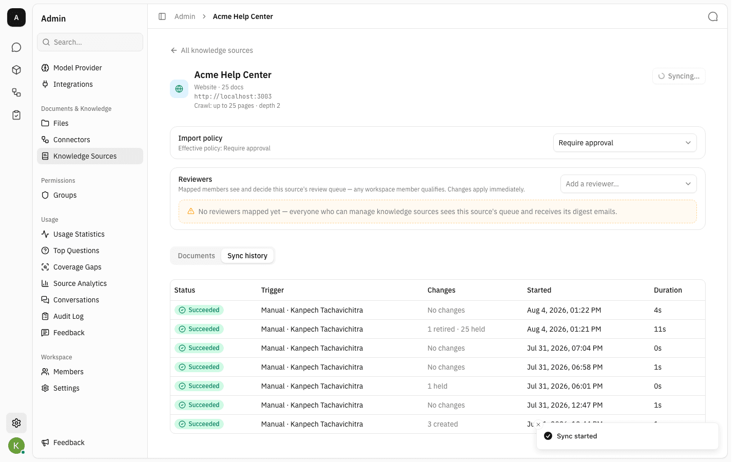 The source page with the header button showing Syncing and a Sync started toast