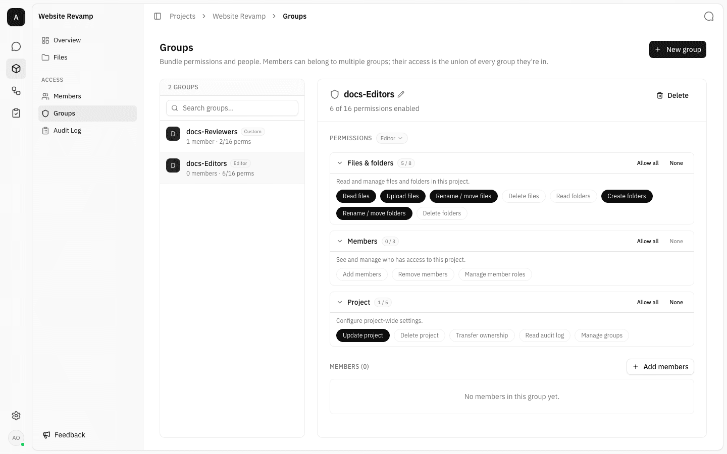Groups page listing two groups, docs-Reviewers and docs-Editors, with the selected group's permissions on the right