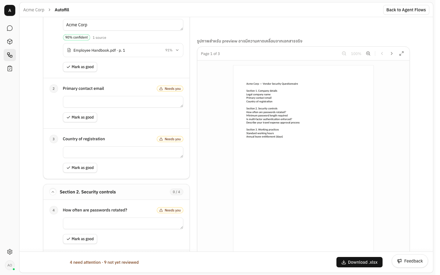 Three questions in a row — Primary contact email, Country of registration and "How often are passwords rotated?" — each badged "Needs you" with an empty answer box, above the footer "4 need attention · 9 not yet reviewed"
