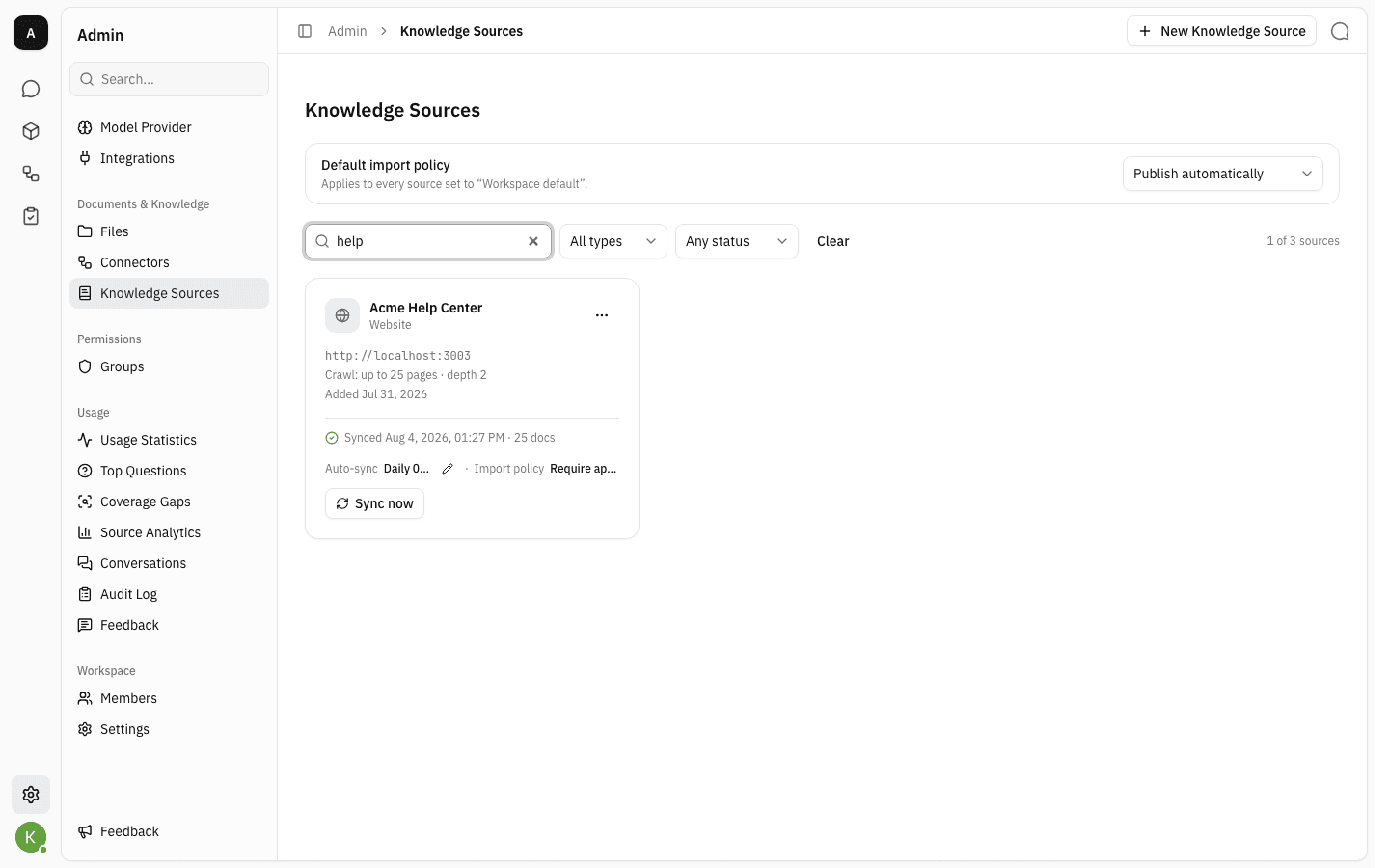 The list filtered by a search term, showing one of three sources