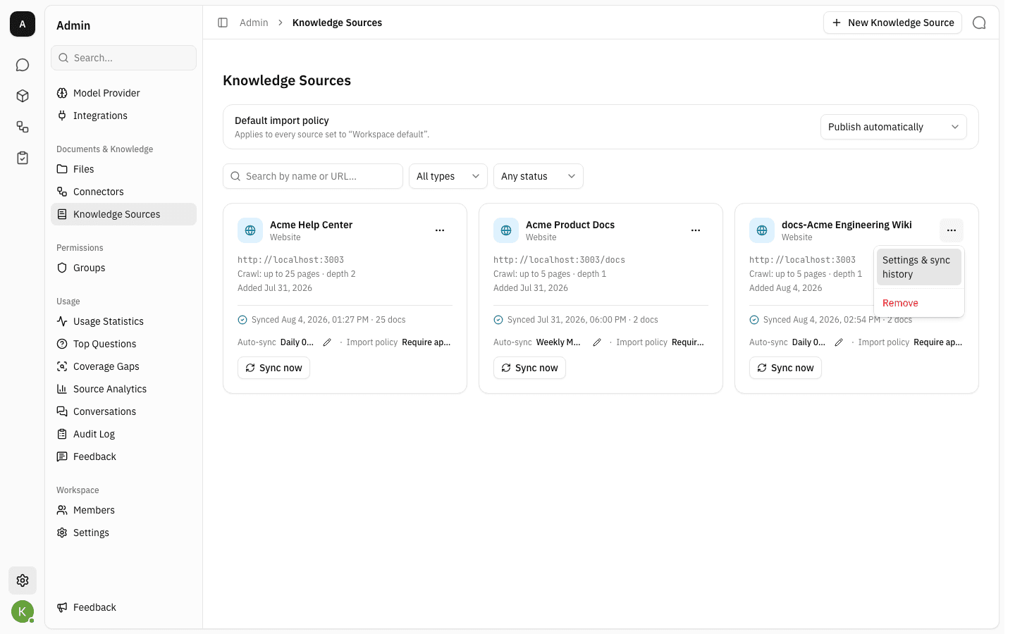 The card menu with Settings & sync history and Remove