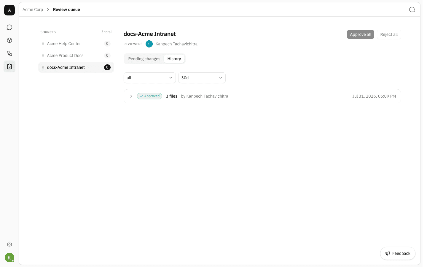 History tab listing one approved round