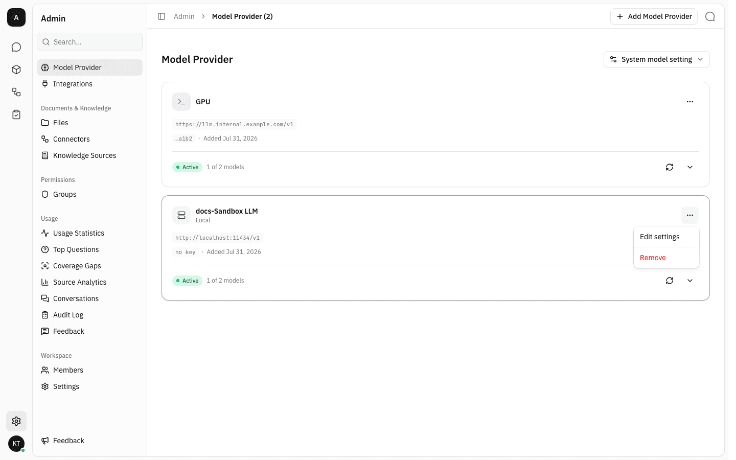 Provider card menu open showing Edit settings and Remove