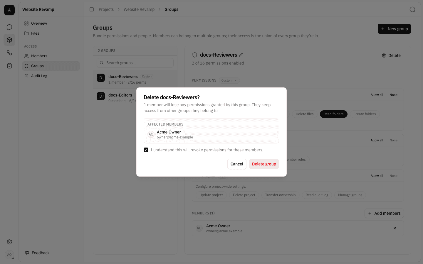 Delete group confirmation dialog listing the affected member with the acknowledgement ticked