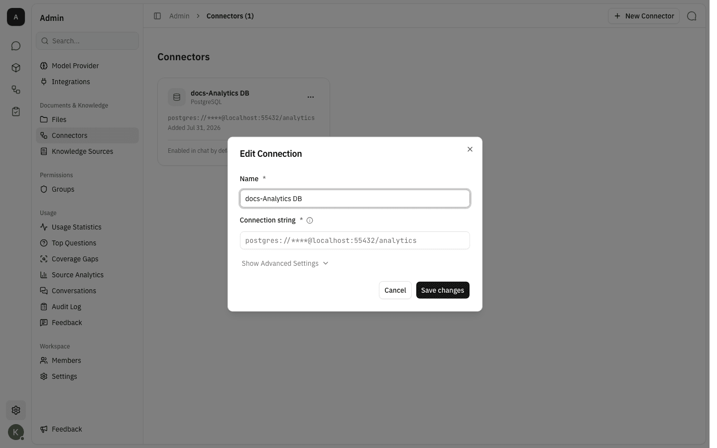 Edit Connection dialog with the name filled in and the connection string showing a masked placeholder